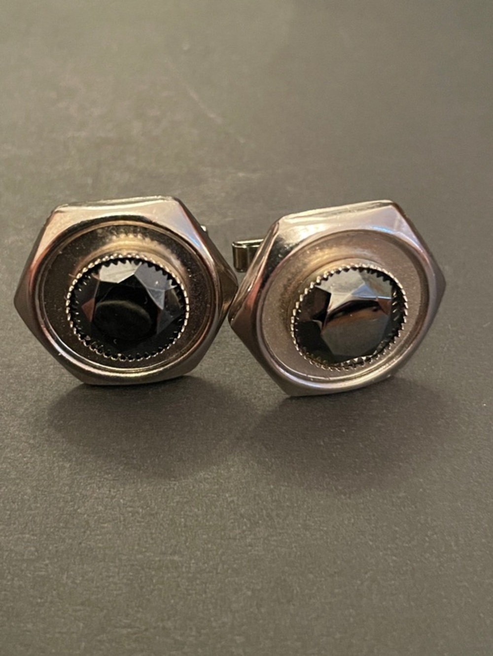 Vintage Black Faceted Stone Silver-Tone Classic Dressy Formal Event Cufflinks - Picture 2 of 4